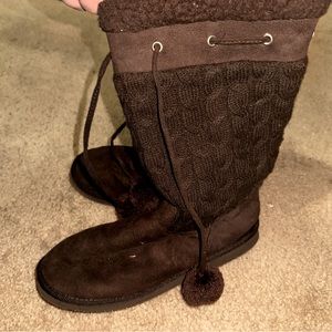 RUBY Brown Upper Knit Boots with Pom-Pom Accent, SIZE-9